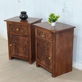 Indian Handmade Carved Solid Hard Wood Bedside Table with Door & Drawer in Brown 50x30x60Cm